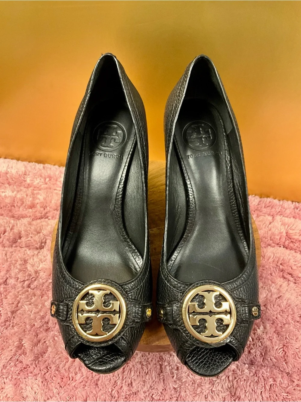 Tory Burch Black Peep-Toe Leather Pumps with Gold Logo Medallion